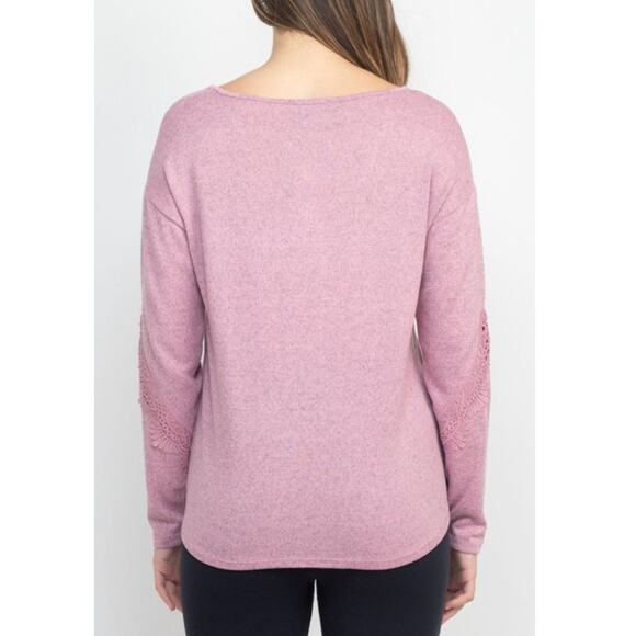 Tint + Shadow Pink Boat Neck Tie Front Floral Lace Long Sleeve Knit Top Sz S - Picture 3 of 8